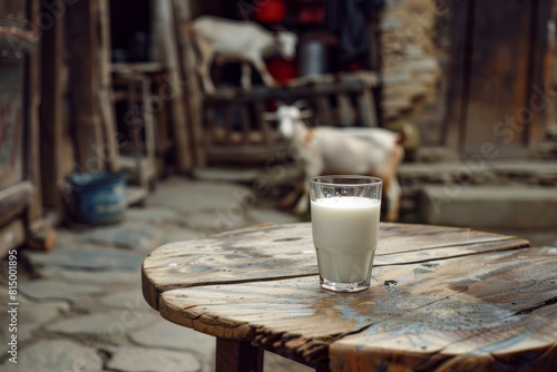 A rustic village scene captures a glass of milk on a wooden table, with a goat in the background 