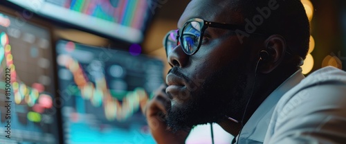 An African American Male Trader Follows The Stock Market Graph While Working From Home,High Resolution