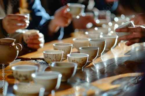 People engaged in a tea tasting session, pouring tea from a teapot into cups on a wooden table while discussing photo