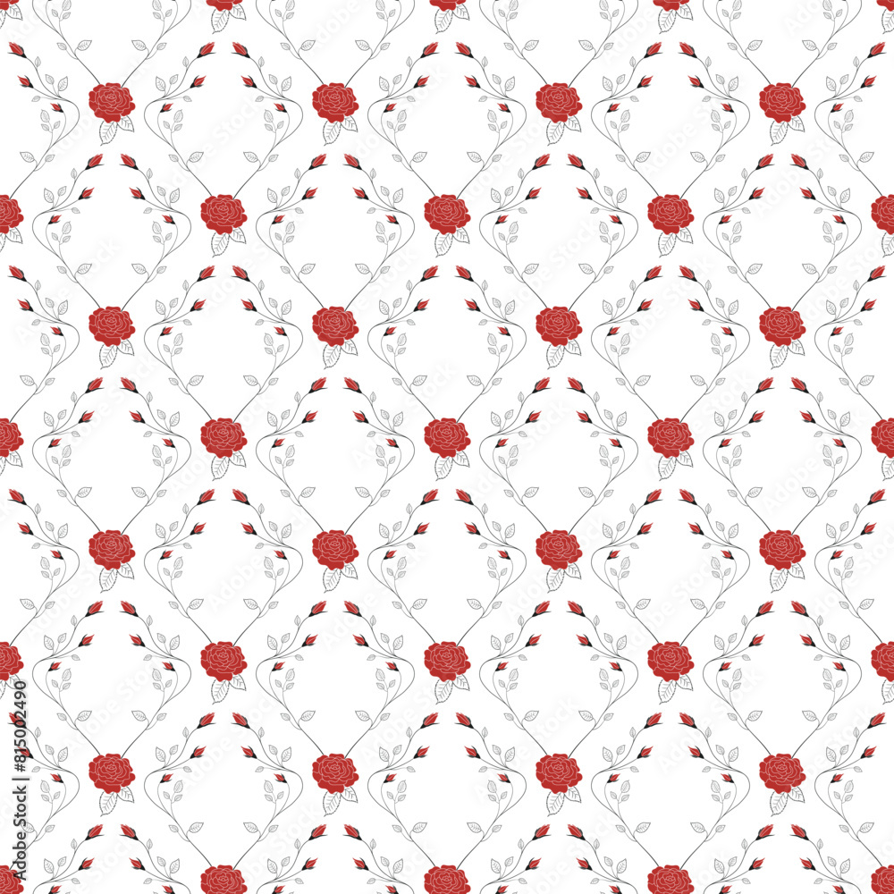 Seamless pattern with red curly rose flowers in linear style on white background. Vector Illustration. Great for wallpaper, wrapping paper, fabric, banners, etc. Seamless pattern with red curly rose flowers in linear style on white background. Vector Illustration. Great for wallpaper, wrapping paper, fabric, banners, etc.