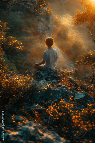 Dynamic portrayal of a person meditating on a mountain  with a bright light emanating from their heart and nourishing the plants around them 