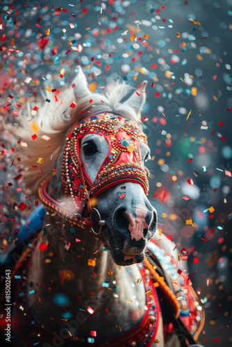 Scene showing a hobbyhorse surrounded by swirling clouds of bright confetti, creating a sense of festive movement,