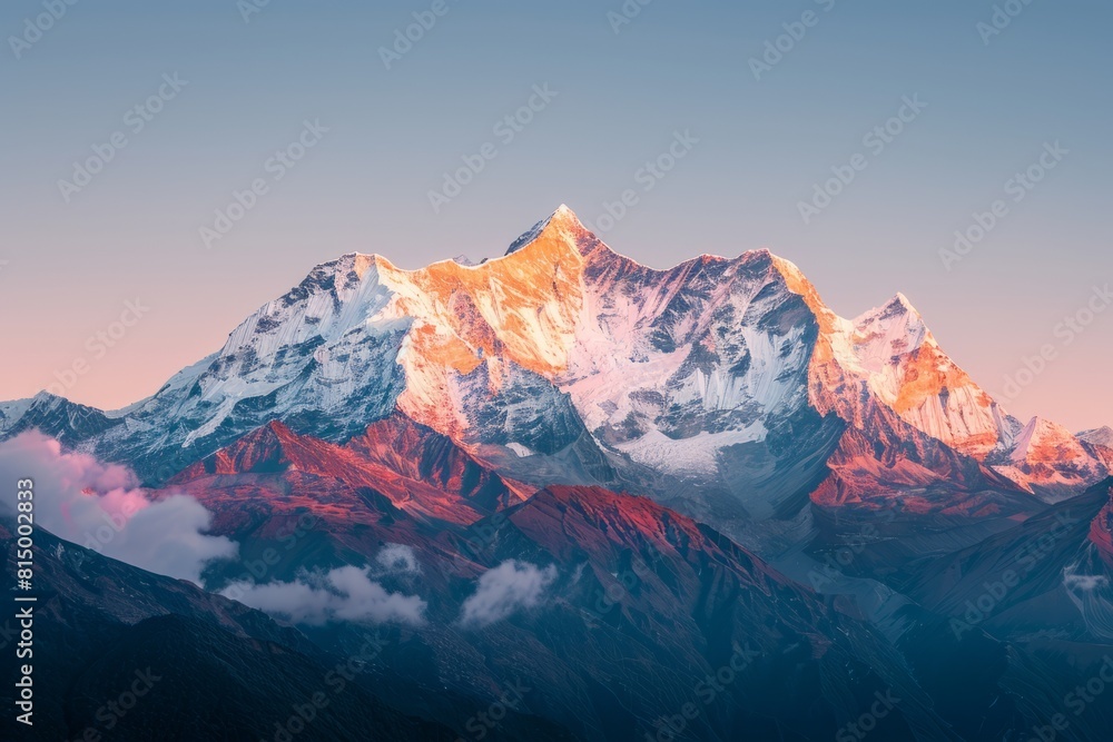 The sun setting over the snow-capped Everest mountain range in Nepal, casting a warm glow on the towering peaks