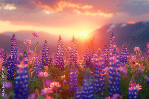 Lupine flowers blooming in the mountains at sunset. Nature background