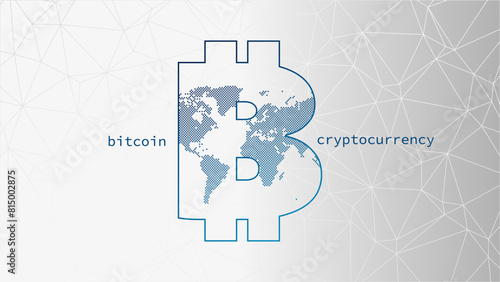 Bitcoin sign with world map. Triangle vector pattern. Blockchain technology, crypto currency symbol. Virtual money icon for business, finance, digital global trade, payment, worldwide, exchange