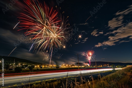 Colorful fireworks illuminate the night sky above a busy highway © Ilia Nesolenyi