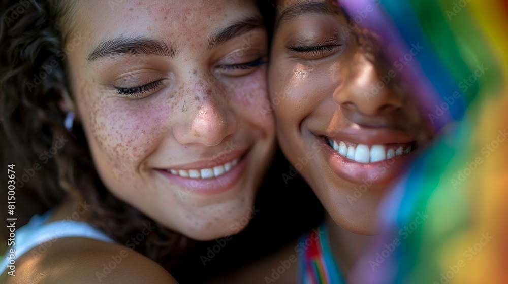 A close-up of a lesbian couple, their joy framed by the colors of the rainbow A close-up of a lesbian couple, their joy framed by the colors of the rainbow