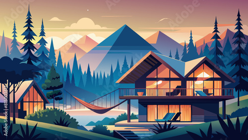 Serene Mountain Cabin Retreat Amidst Majestic Forest Landscape at Dusk