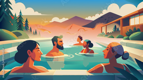 Serene Mountain Hot Spring Retreat with Friends at Sunset