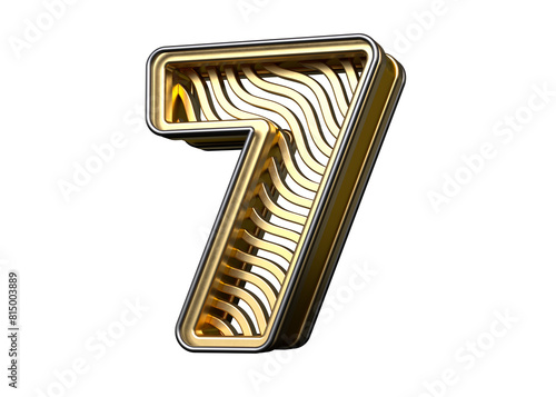 3D golden font number 7 with pattern of wavy shapes. High definition 3D rendering.