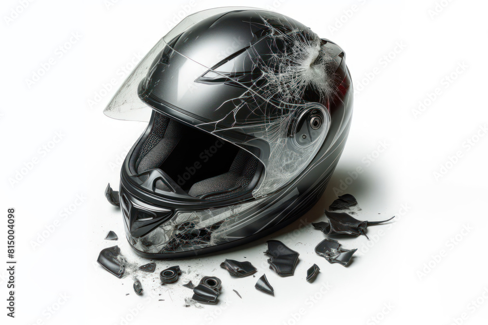Fototapeta premium Broken after an accident Sport motorcycle helmet Isolated on white background