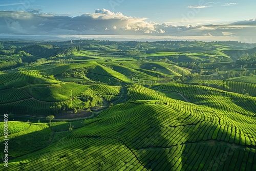 A tea plantation in Sri Lanka, nestled among rolling hills with lush green fields stretching to the horizon