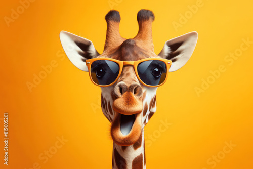 Surprised photo giraffe wearing sunglasses Isolated on yellow background