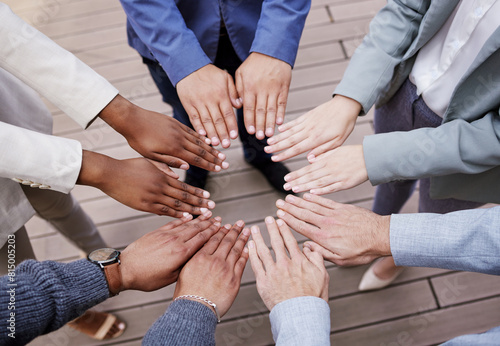 Business, people hands and diversity and circle, collaboration and teamwork for professional. Employees, trust and solidarity for workplace coworkers outside, goals and company or career mission