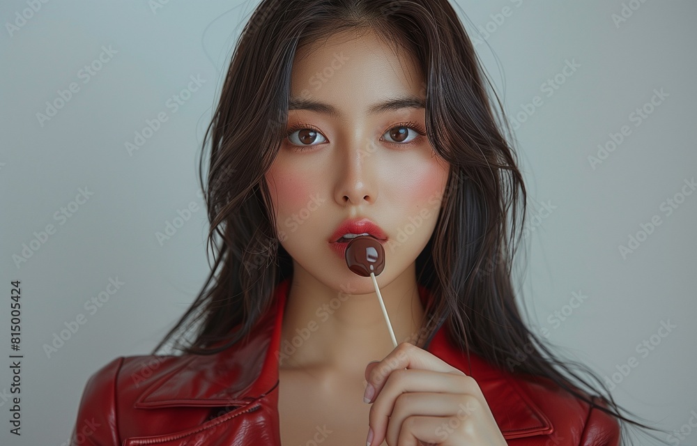 Stunning Asian woman in red leather enjoying a chocolate lollipop with her long straight hair Stunning Asian woman in red leather enjoying a chocolate lollipop with her long straight hair
