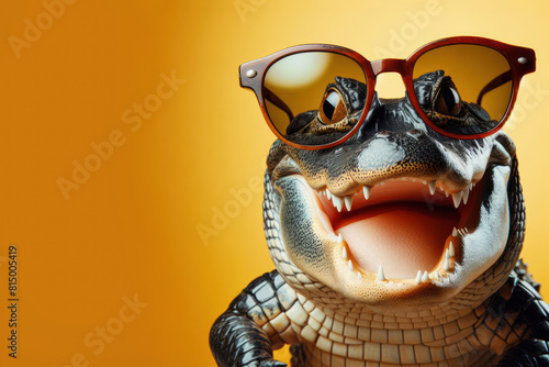 Surprised photo alligator wearing sunglasses Isolated on yellow background