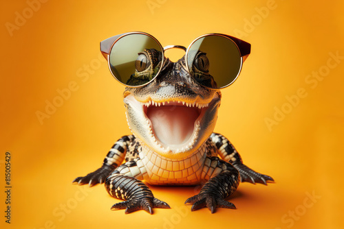 Surprised photo alligator wearing sunglasses Isolated on yellow background