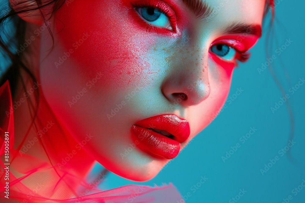 Close-up portrait of a beautiful young woman with bright make-up and red lips