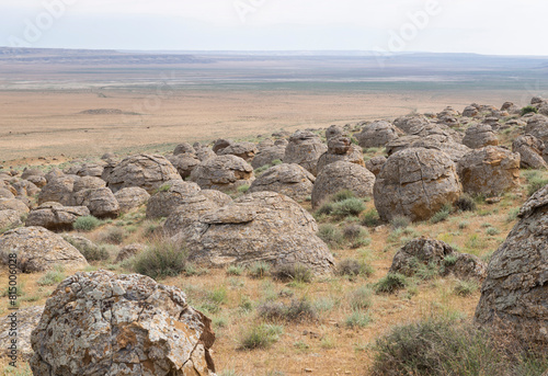 Stone balls in the Torysh valley in Aktau, western Kazakhstan. Concretions on the Ustyurt plateau in Aktau region. photo