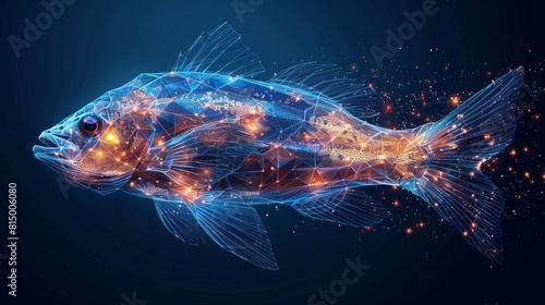 Illuminated against a dark blue backdrop, a futuristic glowing low polygonal fish embodies the essence of oceanarium and marine science. This modern wireframe mesh design offers a striking visual. photo