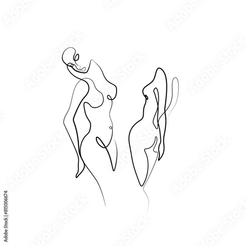 Woman abstract portrait set, continuous line drawing, small tattoo, print for clothes and logo design, emblem or logo design, silhouette one single line, isolated vector illustration. (ID: 815006674)