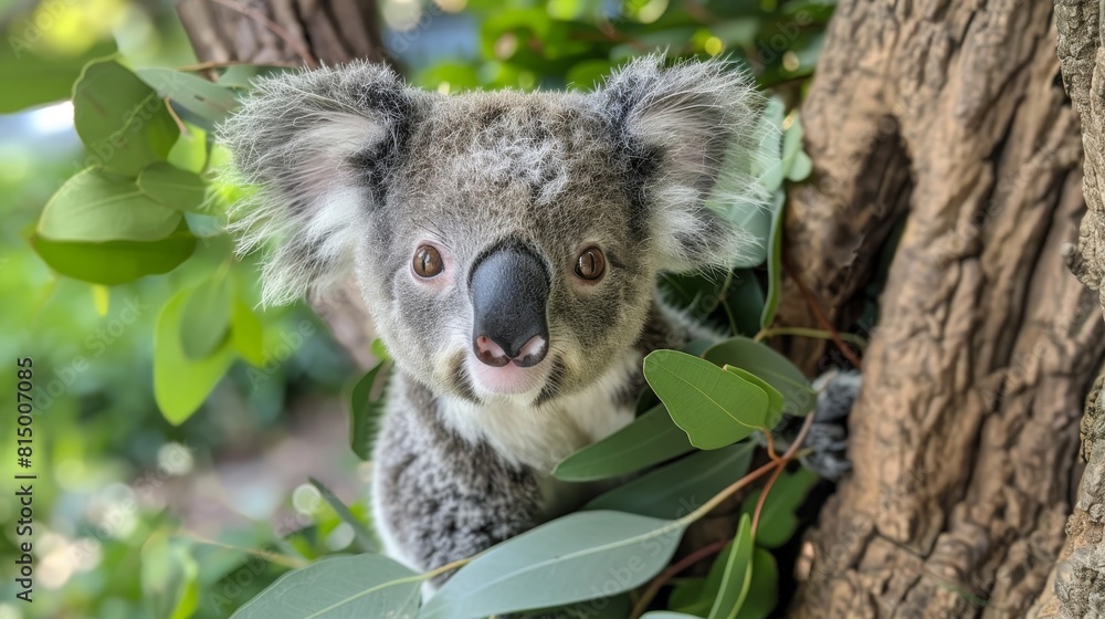 Obraz premium Cute and cuddly, koalas are the ultimate tree-huggers! These adorable marsupials are found in eucalyptus forests in Australia and spend most of their time sleeping or eating.