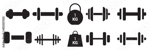Set of Dumbbells icons in Black flat style, Gym heavy strength training dumbbells pictogram. barbells for bodybuilding and fitness, Weight lifting dumbbell signs
