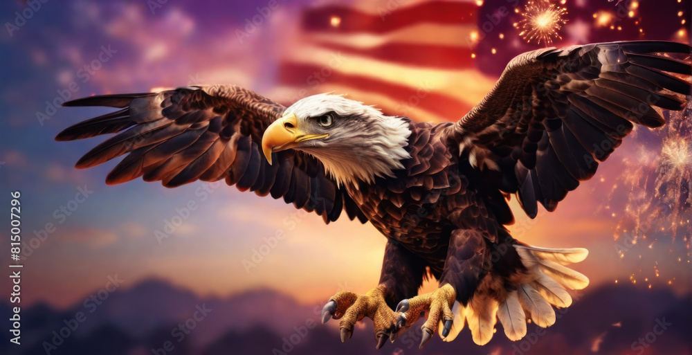 Fototapeta premium flying bald eagle on American flag USA. freedom and independence concept. 4th of July fireworks in background. banner with copy space