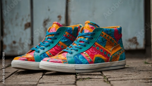 A colorful and vibrant pair of high-top sneakers, adorned with unique patterns and designs, perfect for making a statement.