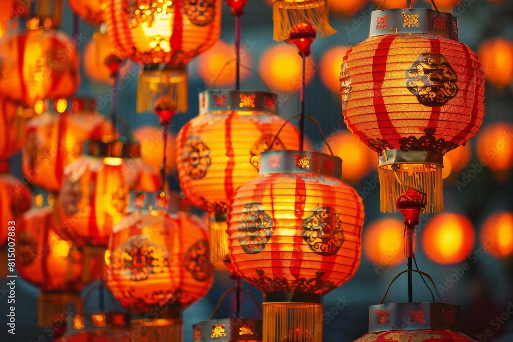Featuring a many red lanterns hang on night at an asian festival