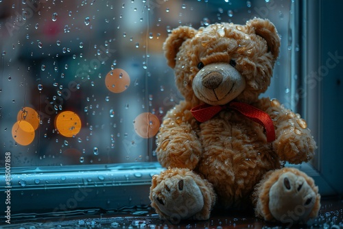 Digital artwork of  teddy bear sits on the window sill next to the rain photo