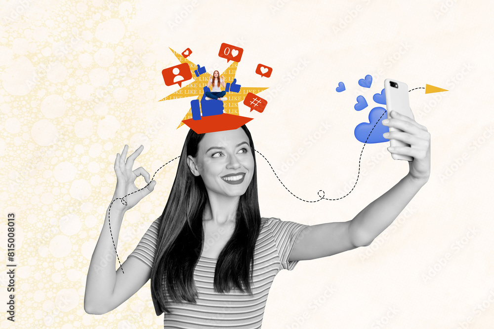 Creative collage of cute happy female popular social media influencer selfie photo okey work bizarre unusual fantasy billboard comics Creative collage of cute happy female popular social media influencer selfie photo okey work bizarre unusual fantasy billboard comics
