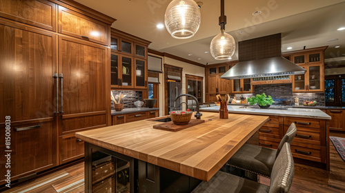 A beautifully appointed Modern Craftsman kitchen with a central island featuring a butcher block surface and stylish pendant lighting