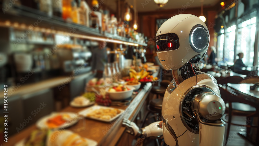 A robotic arm prepares drinks at a trendy café counter. A robotic arm prepares drinks at a trendy café counter.