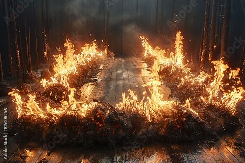 A wooden floor is burning with fire in front of it