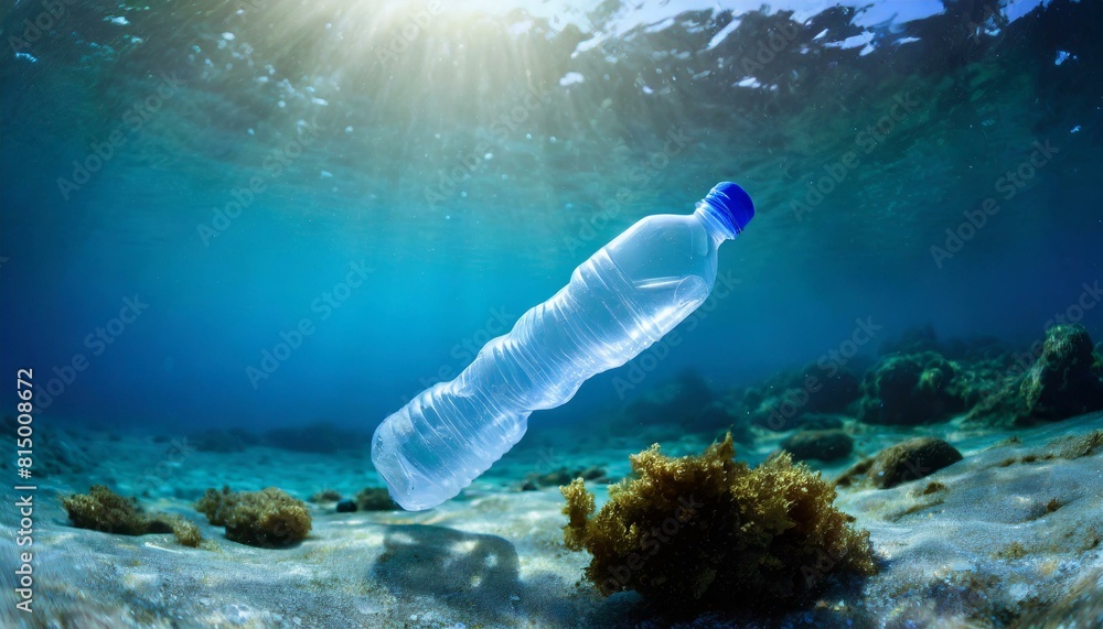 plastic bottle on the ocean floor, underwater plastic bottle on the ocean floor, underwater