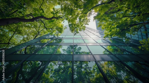 The photo shows a modern glass skyscraper with green trees reflected in the windows.