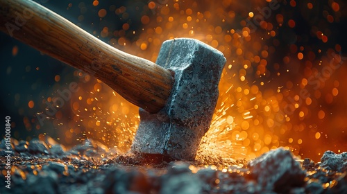 In a studio setting, a hammer strikes a nail with partial motion blur at the tool's top, conveying the dynamic action of construction work.