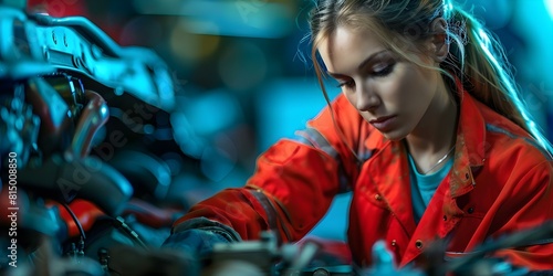 Experienced female mechanic fixing car in auto repair shop setting. Concept Auto Repair, Female Mechanic, Hands-On Experience, Setting, Fixing Car