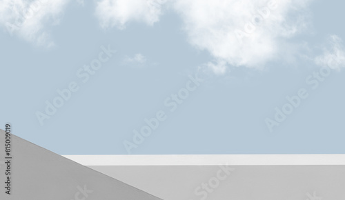 Sky Blue Cloud with Minimal Architecture White Cement Wall Corner Design Background.Exterior building structure grey wall against clear sky cloud Concrete texture in perspective geometric..