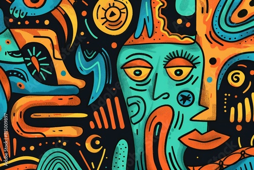 Digital artwork of colorful doodle shapes and lines on a background