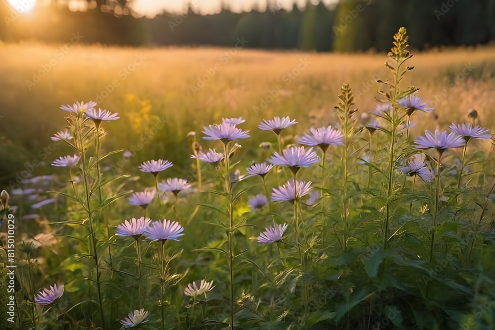 A thicket of tall trees and loads of green grass close to a woodland full of purple flowers.
