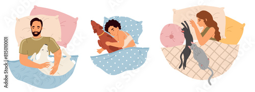Happy relaxed people cartoon characters cuddling resting with pets in bed at night vector illustration. Pretty woman and handsome man sleeping enjoying sweet dreams with lovely domestic animals