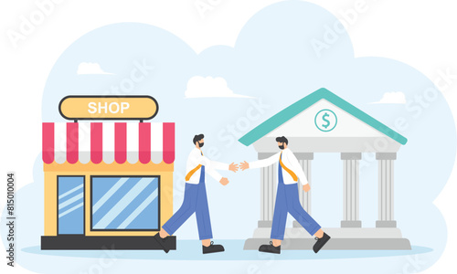 illustration of a businessman borrowing or owing money in the bank to improve his business. the concept of cooperatives, money lending services, agreements, pawnshops. flat design. can be used for UI
