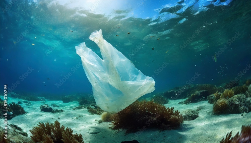 Obraz premium plastic bag on the ocean floor, underwater, ocean pollution problem