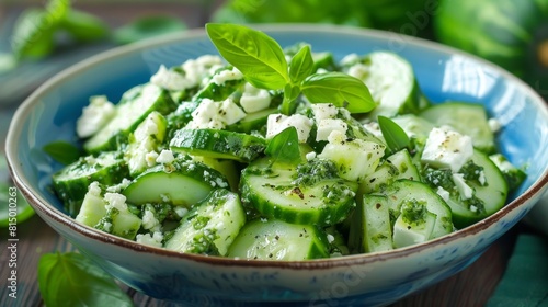 Fresh cucumber salad with pesto and soft cottage cheese and basil.