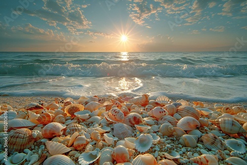 Beautiful seascape with seashells on the beach at sunset