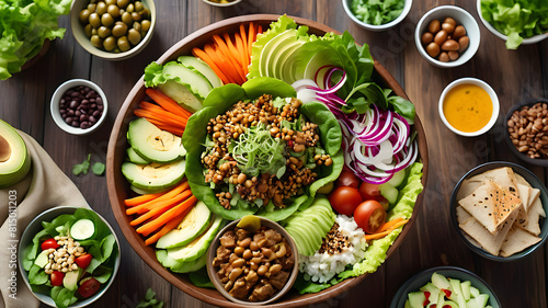 ealthy lunch table scene with nutritious Buddha bowl, lettuce wraps, vegetables, sandwiches and salad. Above view over a wood background