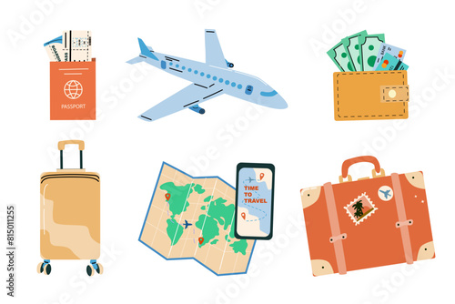Summer vacation plane and other journey or trip elements for flight and travel to sea. Beach summer stickers palm, sunbed, umbrella, camera. Luggage, phone and paper map, airplane, suitcase and wallet
