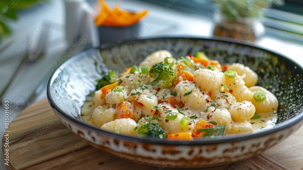 Gnocchi with cheese sauce and vegetable stir-fry. Gnocchi with cheese sauce and vegetable stir-fry.